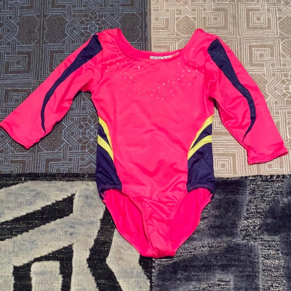 Neon Three Quarter Sleeve Shimmer Gymnastics Leotard w/ Keyhole Back